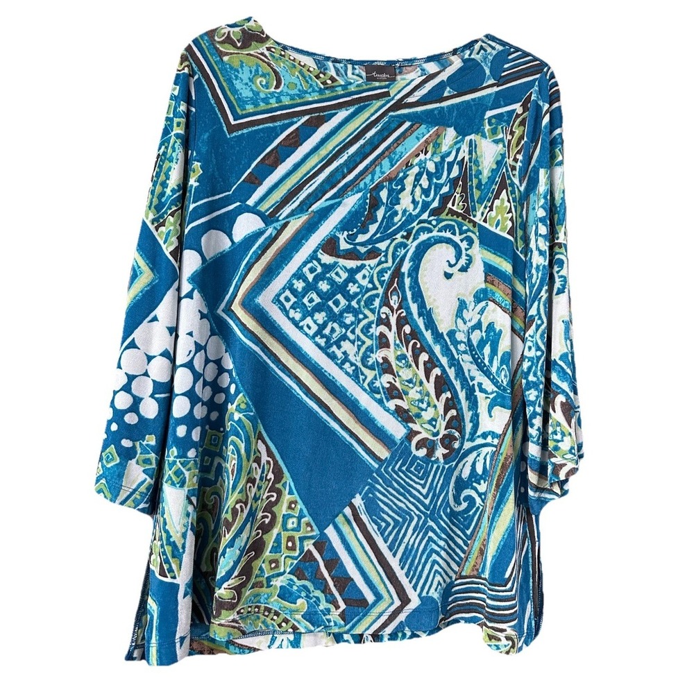 Chicos 4‎ Travelers Top Blue Teal Paisley Print 3/4 Sleeve Travel Knit XXL